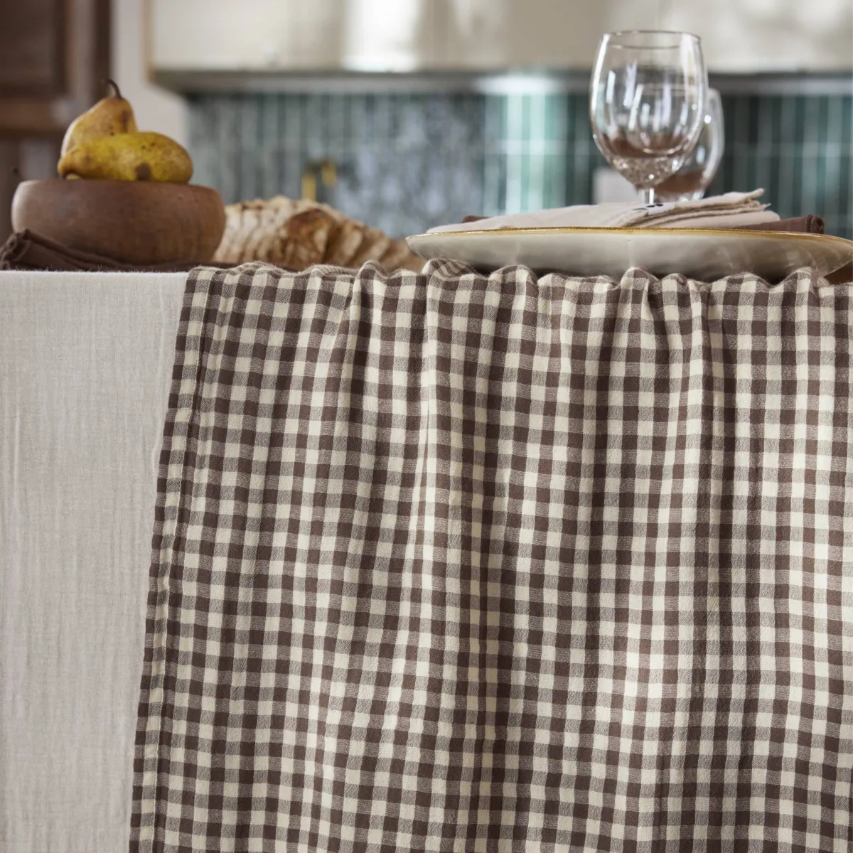 Runner da tavola in garza di cotone (50 x 150 cm) Gaïa vichy Marrone