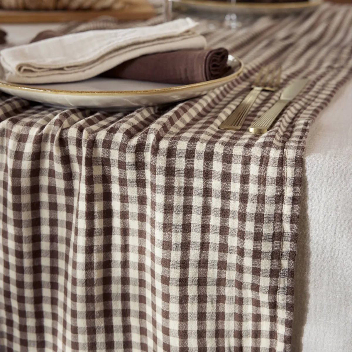 Runner da tavola in garza di cotone (50 x 150 cm) Gaïa vichy Marrone