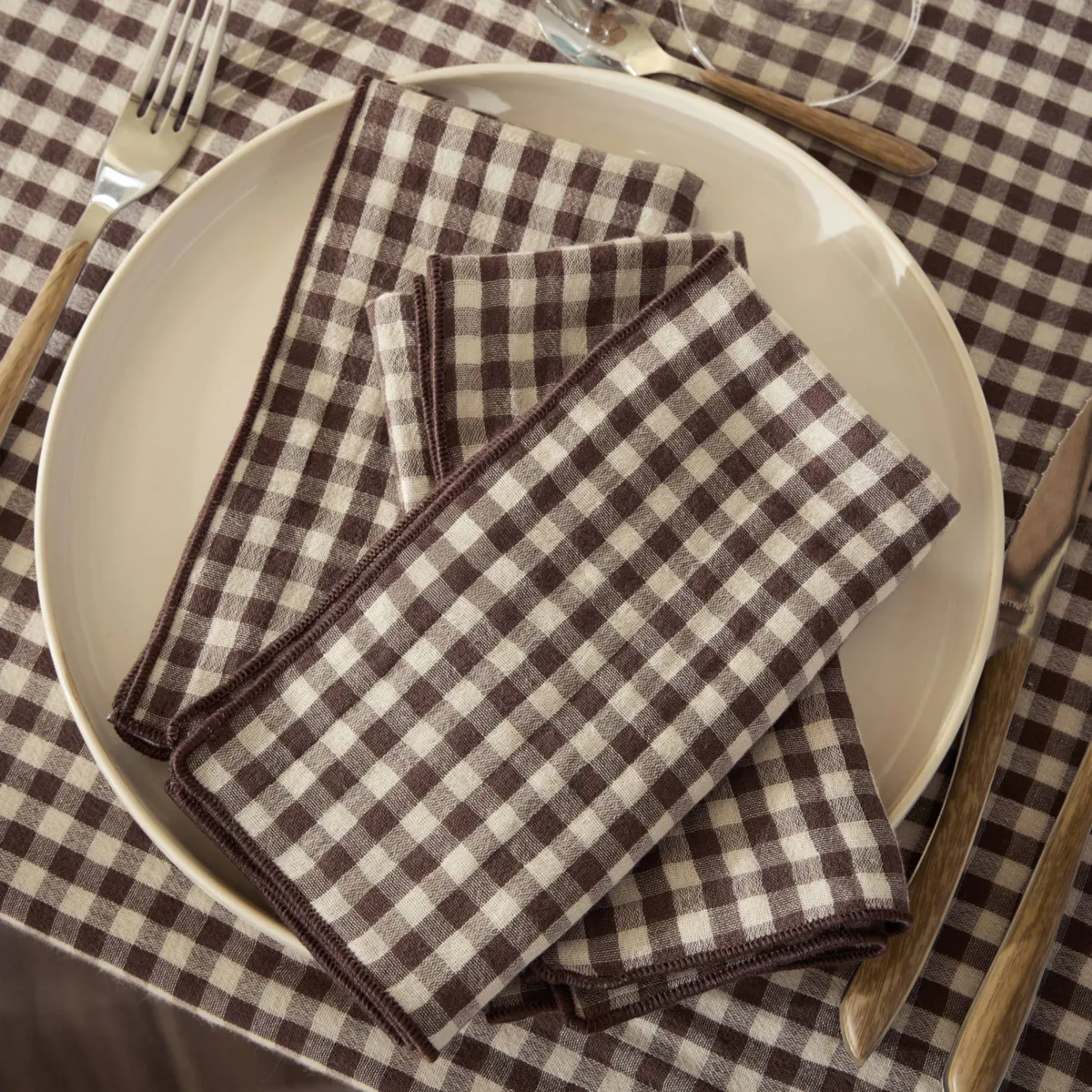Set di 3 tovaglioli in garza di cotone (40 x 40 cm) Gaïa vichy Marrone