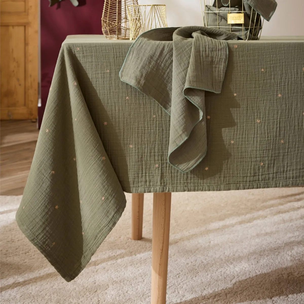 EM - Nappe rectangle 150 x 300 cm Gaze de coton brodée GAIA ETOILES Romarin