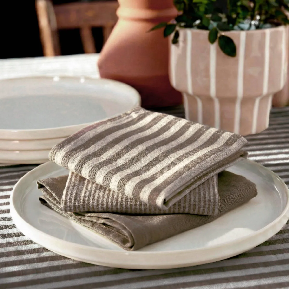 Set di 3 tovaglioli in garza di cotone (40 x 40 cm) Gaïa righe Marrone