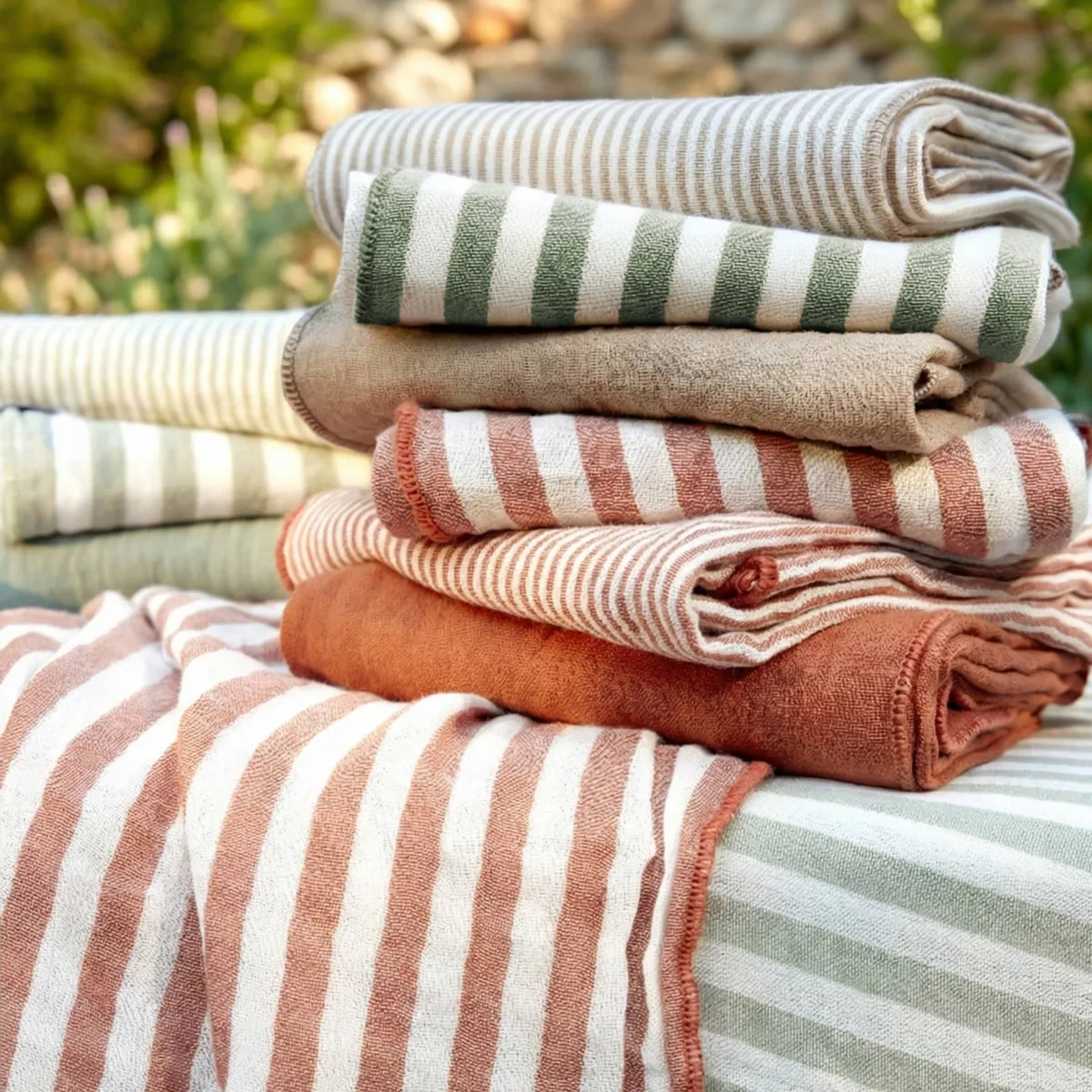 Tovaglia rettangolare garza di cotone (150 x 350 cm) Gaïa righe Verde rosmarino