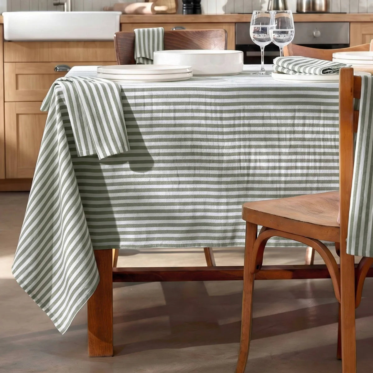 Tovaglia quadrata garza di cotone (180 x 180 cm) Gaïa righe Verde rosmarino