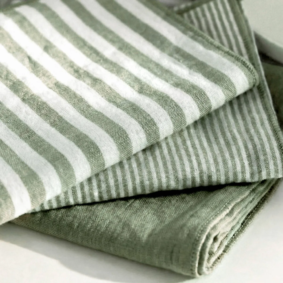 Set di 3 tovaglioli in garza di cotone (40 x 40 cm) Gaia righe Verde rosmarino