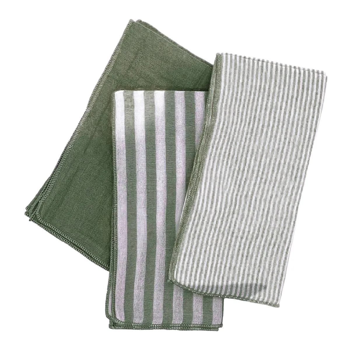 Set di 3 tovaglioli in garza di cotone (40 x 40 cm) Gaia righe Verde rosmarino