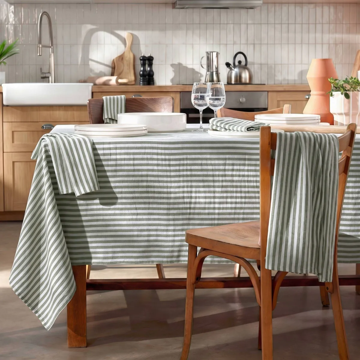 Set di 3 tovaglioli in garza di cotone (40 x 40 cm) Gaia righe Verde rosmarino