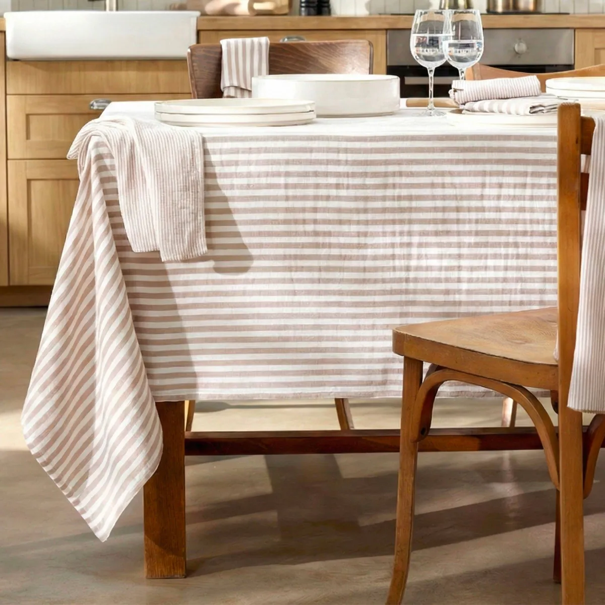EM - Nappe carrée 180 x 180 cm Gaze de coton tissée teinte GAIA RAYURES Ficelle