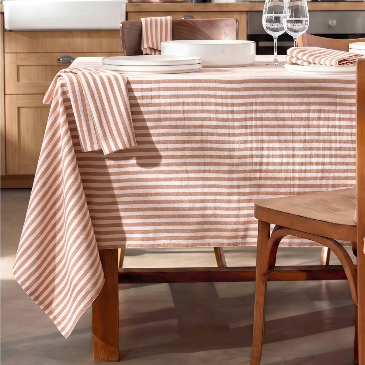 EM - Nappe carrée 180 x 180 cm Gaze de coton tissée teinte GAIA RAYURES Abricot