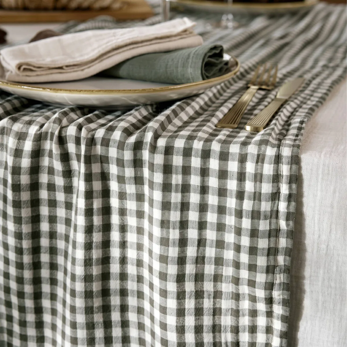 Runner da tavola garza di cotone (50 x 150 cm) Gaïa vichy Verde rosmarino