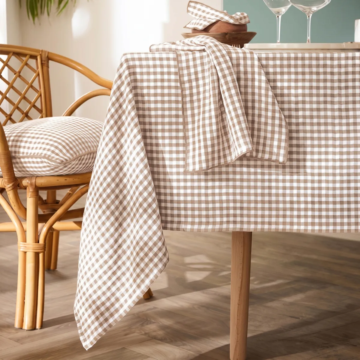 Nappe carrée gaze de coton (180 x 180 cm) Gaïa vichy Ficelle