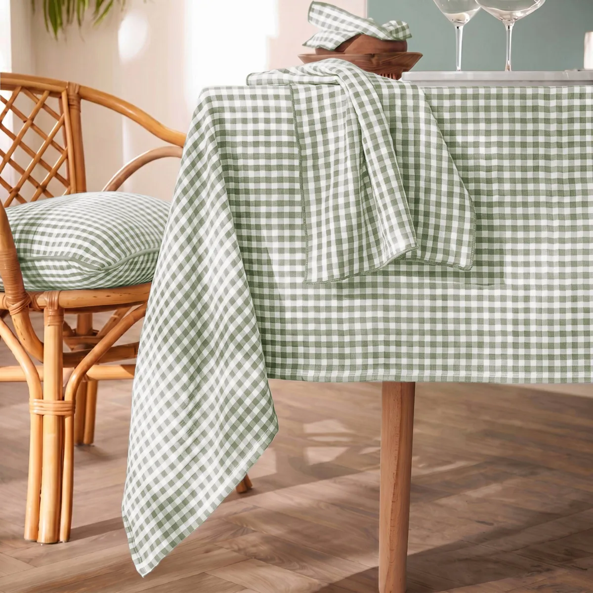 Tovaglia quadrata garza di cotone (180 x 180 cm) Gaïa vichy Verde eucalyptus