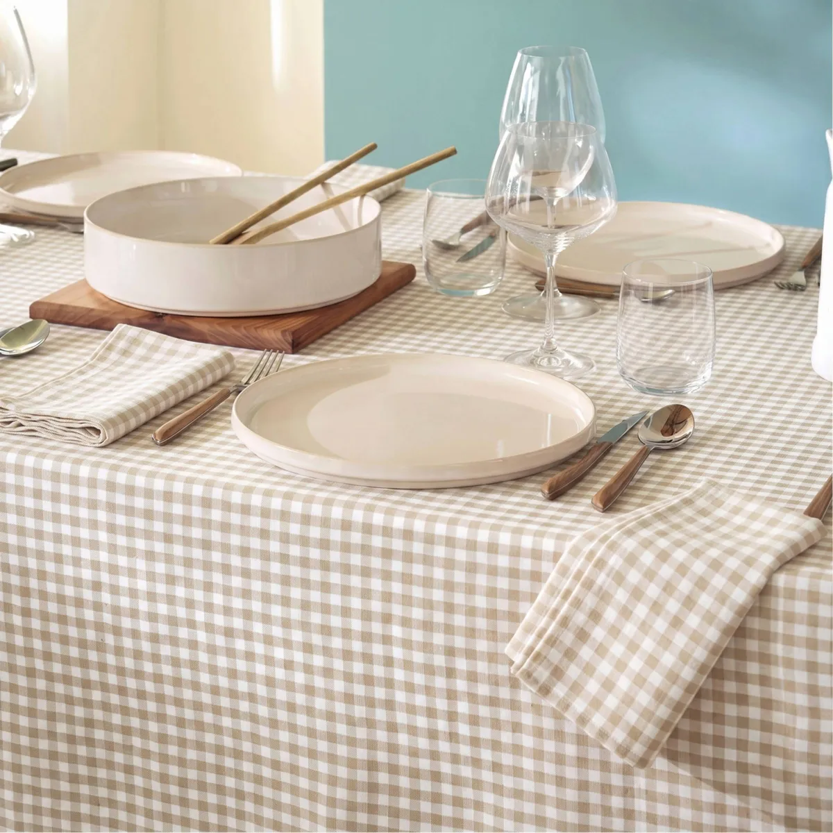 Nappe carrée gaze de coton (180 x 180 cm) Gaïa vichy Beige