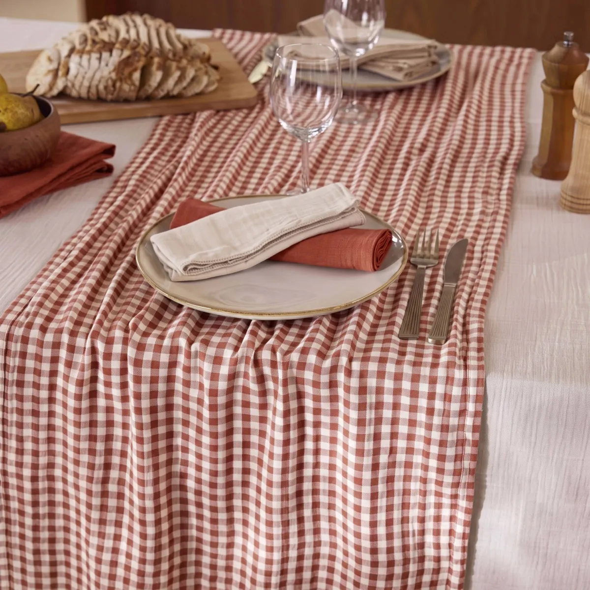 Runner da tavola garza di cotone (50 x 150 cm) Gaïa vichy Terracotta