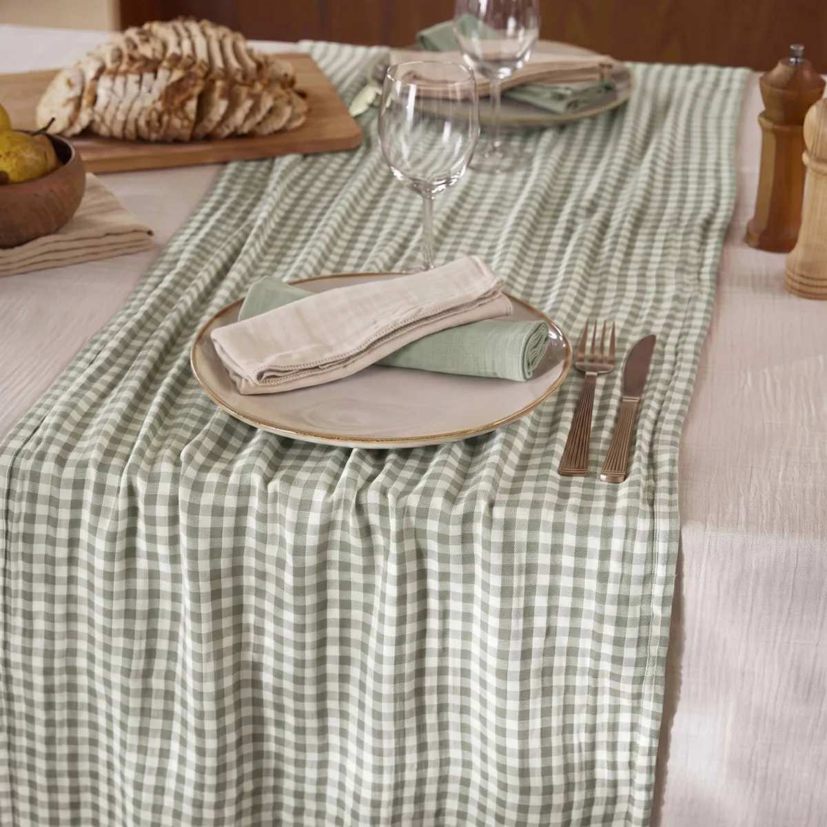 Runner in garza di cotone (50 x 150 cm) Gaïa vichy Verde eucalyptus