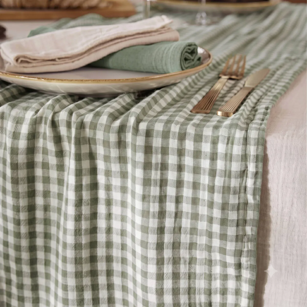 Runner in garza di cotone (50 x 150 cm) Gaïa vichy Verde eucalyptus