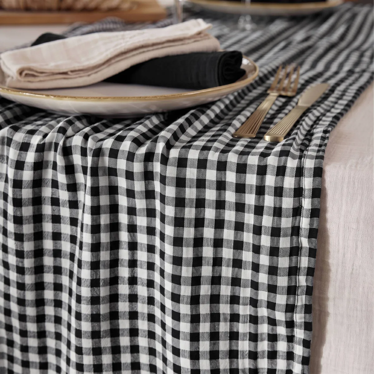 Runner da tavola in garza di cotone (50 x 150 cm) Gaïa vichy Nero