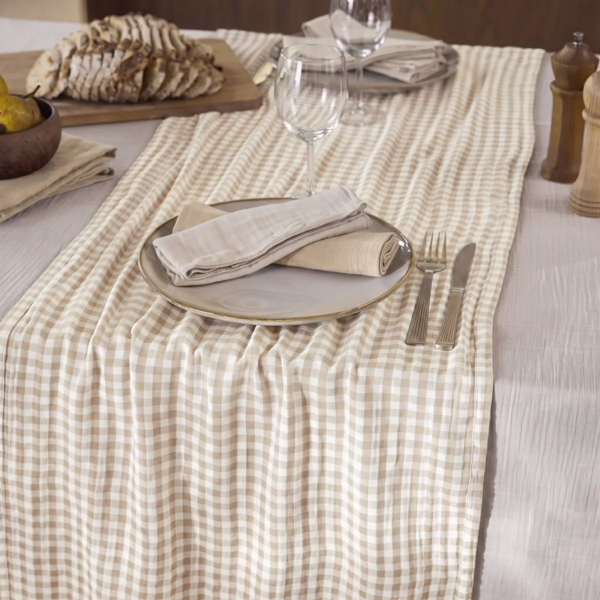 Runner da tavola garza di cotone (50 x 150 cm) Gaïa vichy Beige