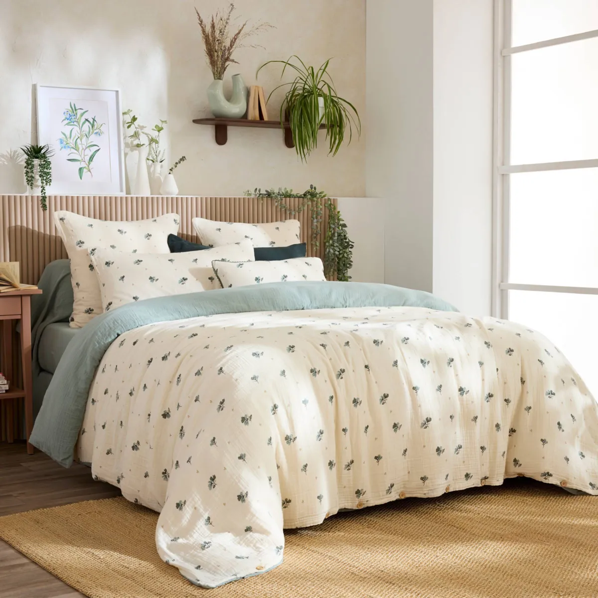 EM - Housse de couette réversible 240 x 220 cm Gaze de coton imprimée GAIA ASTREE Eucalyptus