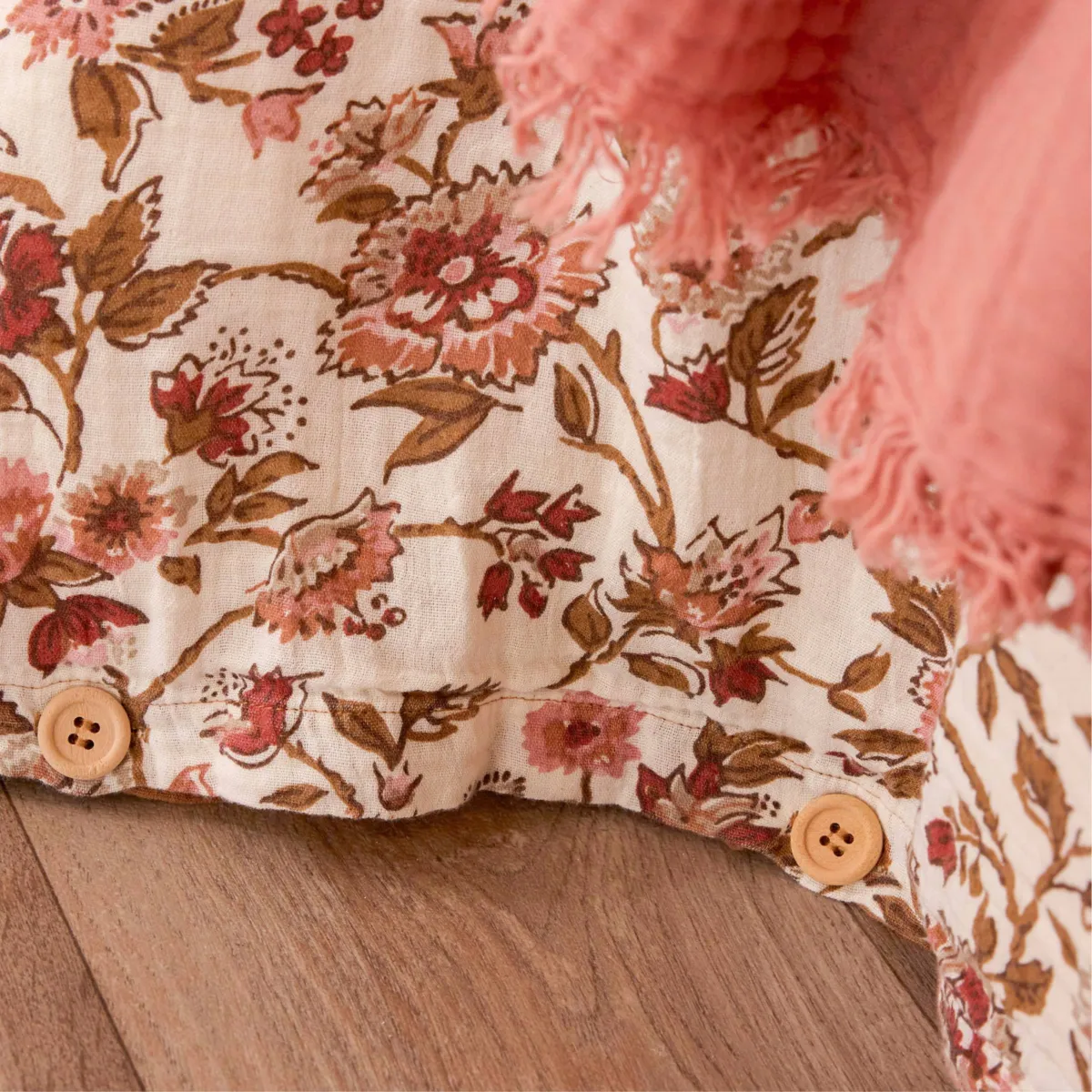 EM - Housse de couette réversible 240 x 220 cm Gaze de coton imprimée GAIA DAHLIA Camel