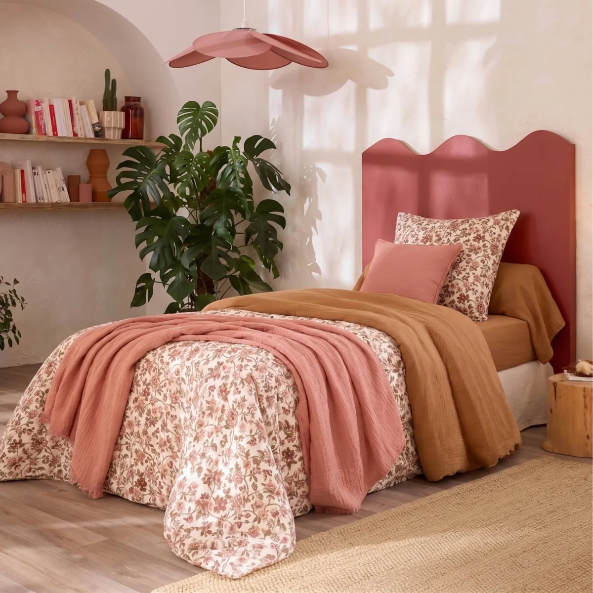 Copripiumino garza di cotone (140 x 200 cm) Gaïa dahlia Camel