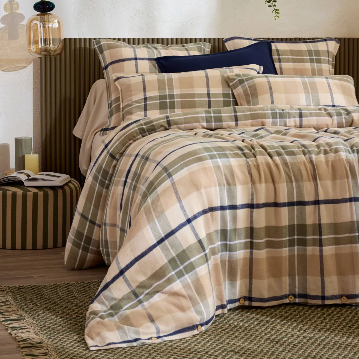 Copripiumino in flanella di cotone (240 x 220 cm) Nina a quadri Verde rosmarino