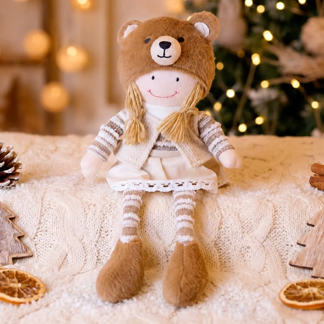 Bambola bambina gambe morbide (H44 cm) Yvette e berretto orso Beige