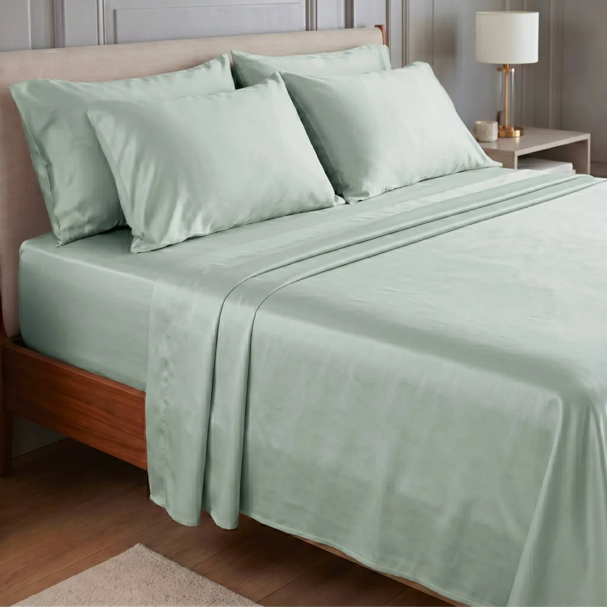 Lenzuolo sopra in satin di bambù (270 x 300 cm) Sienna Verde eucalipto