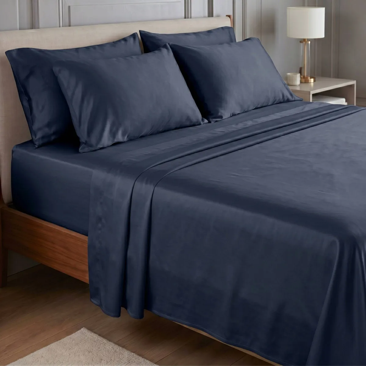 Lenzuolo sopra in satin di bambù (270 x 300 cm) Sienna Blu notte