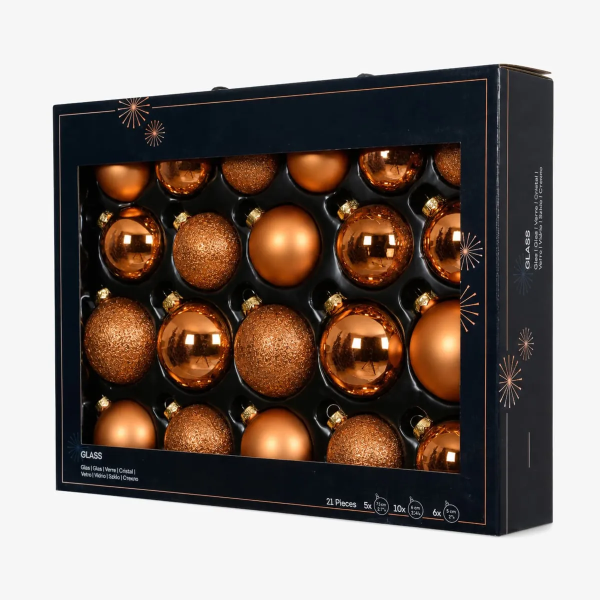 Set mit 21 Weihnachtskugeln aus Glas (Ø 50 bis 70 mm) Sortiert Kristall Cognac