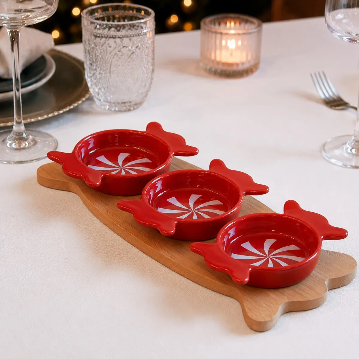 Set per tapas 3 ciotole e vassoio (32 x 12 cm) Caramelle deliziose Rosso