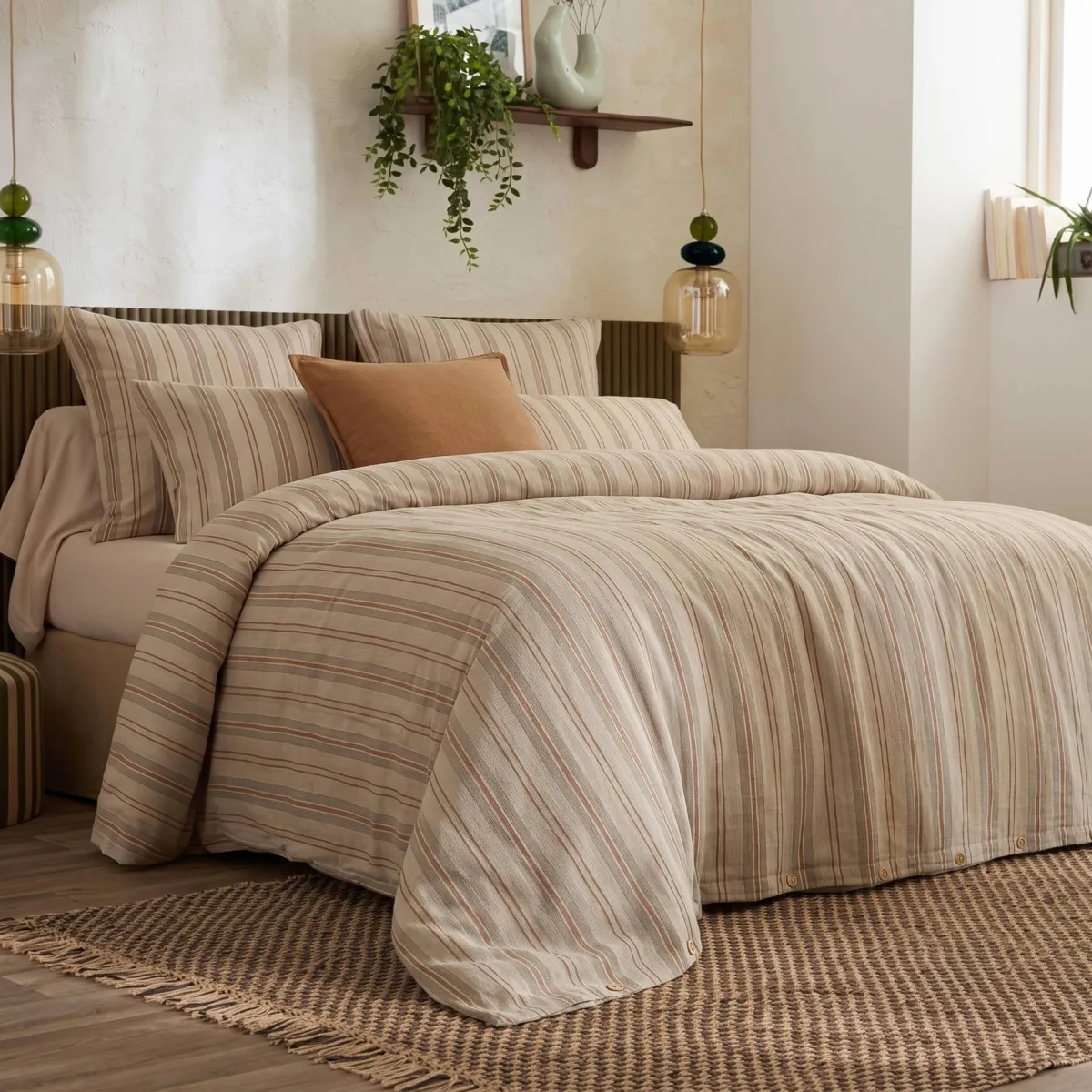 Copripiumino in flanella di cotone (260 x 240 cm) Nina righe Beige