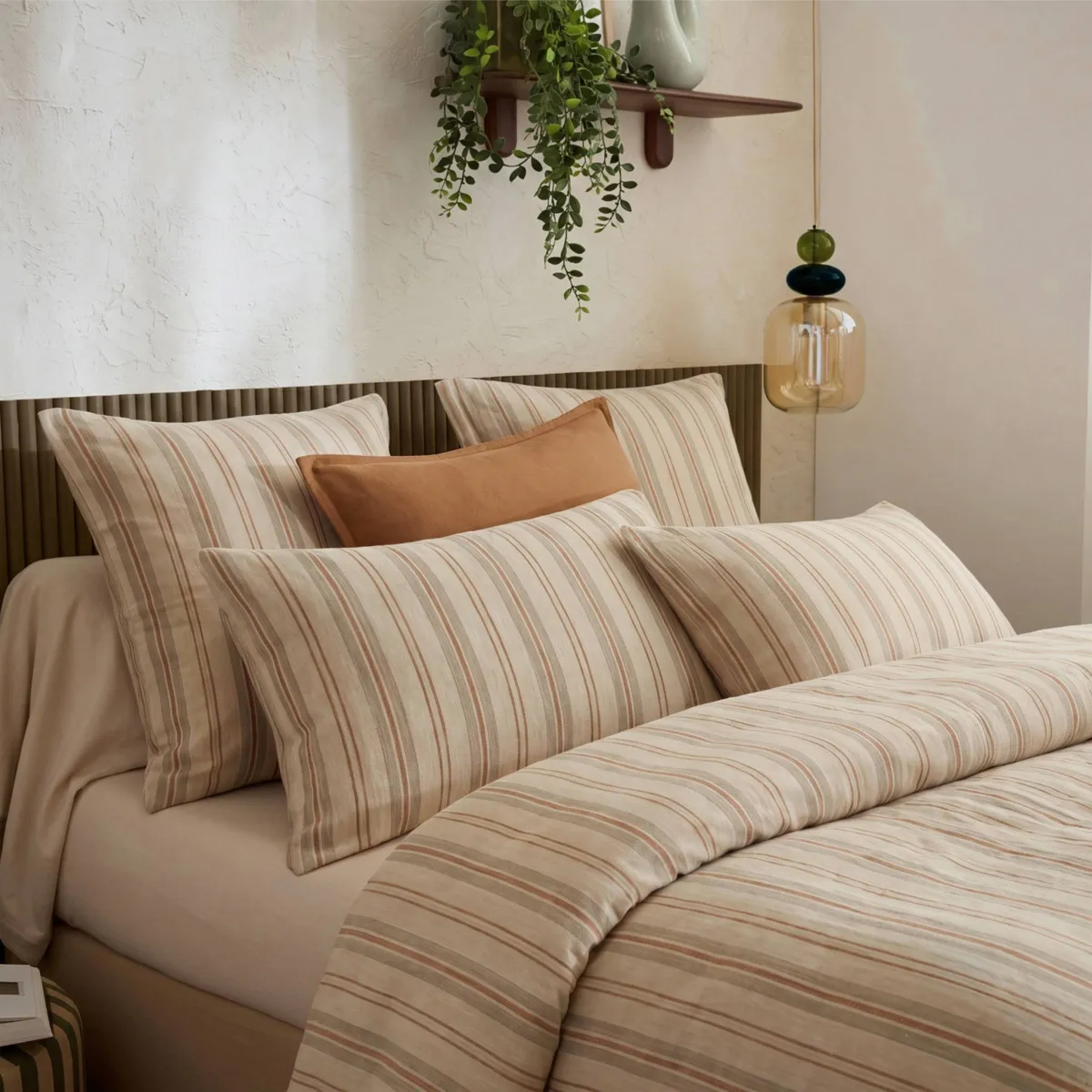 Federa rettangolare in flanella di cotone (50 x 80 cm) Nina righe beige