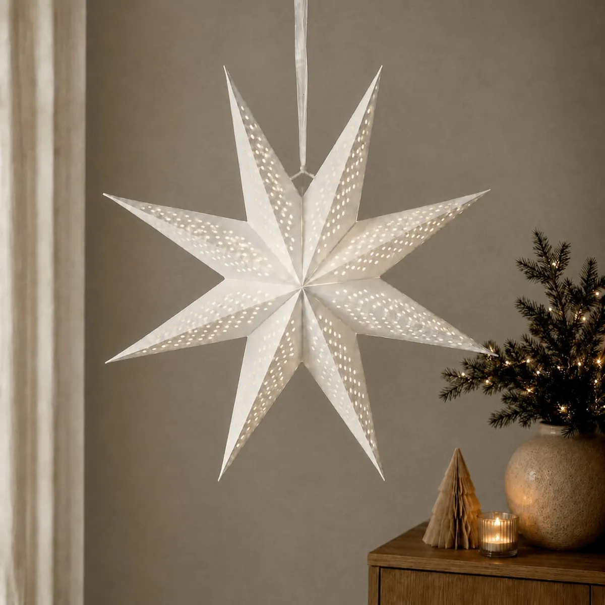Stella luminosa da appendere in carta (D58 cm) Origami Nordic Bianco e bianco caldo