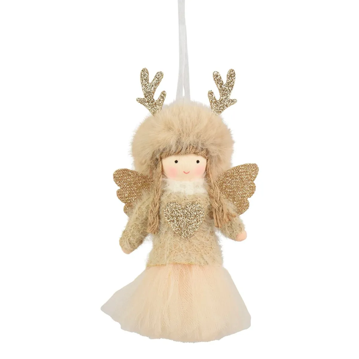Decorazione natalizia da appendere (altezza 14 cm) crema con angelo e pelliccia 
