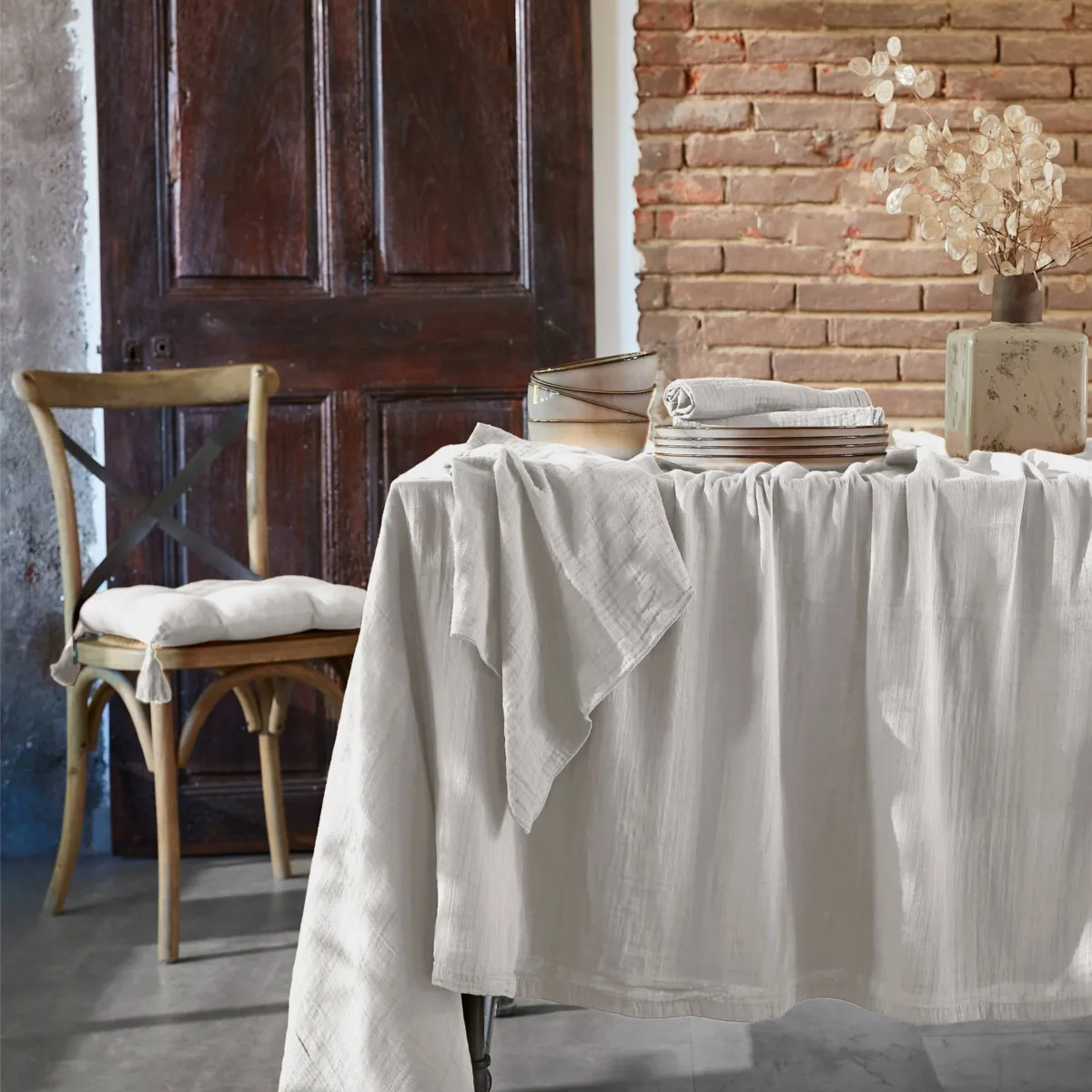 Tovaglia quadrata garza di cotone (180 x 180 cm) Gaïa Grigio nuvola