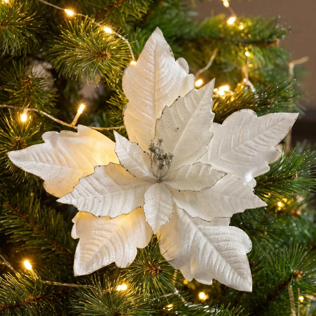 Stella di Natale su gambo in velluto (D50 cm) Féérie Bianco lana