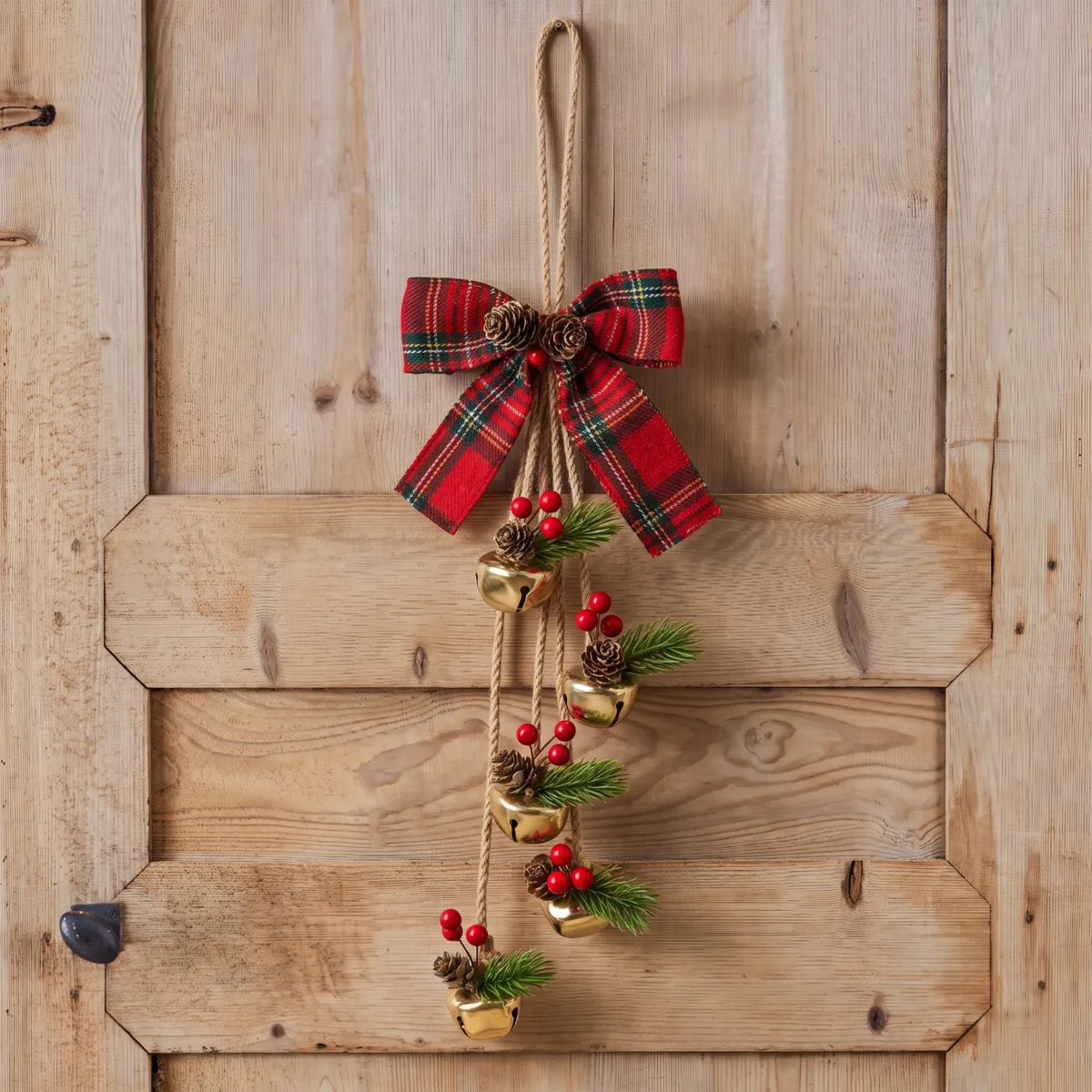 Addobbi natalizi sospesi (H34 cm) Campane, bacche e Fiocco tartan Oro