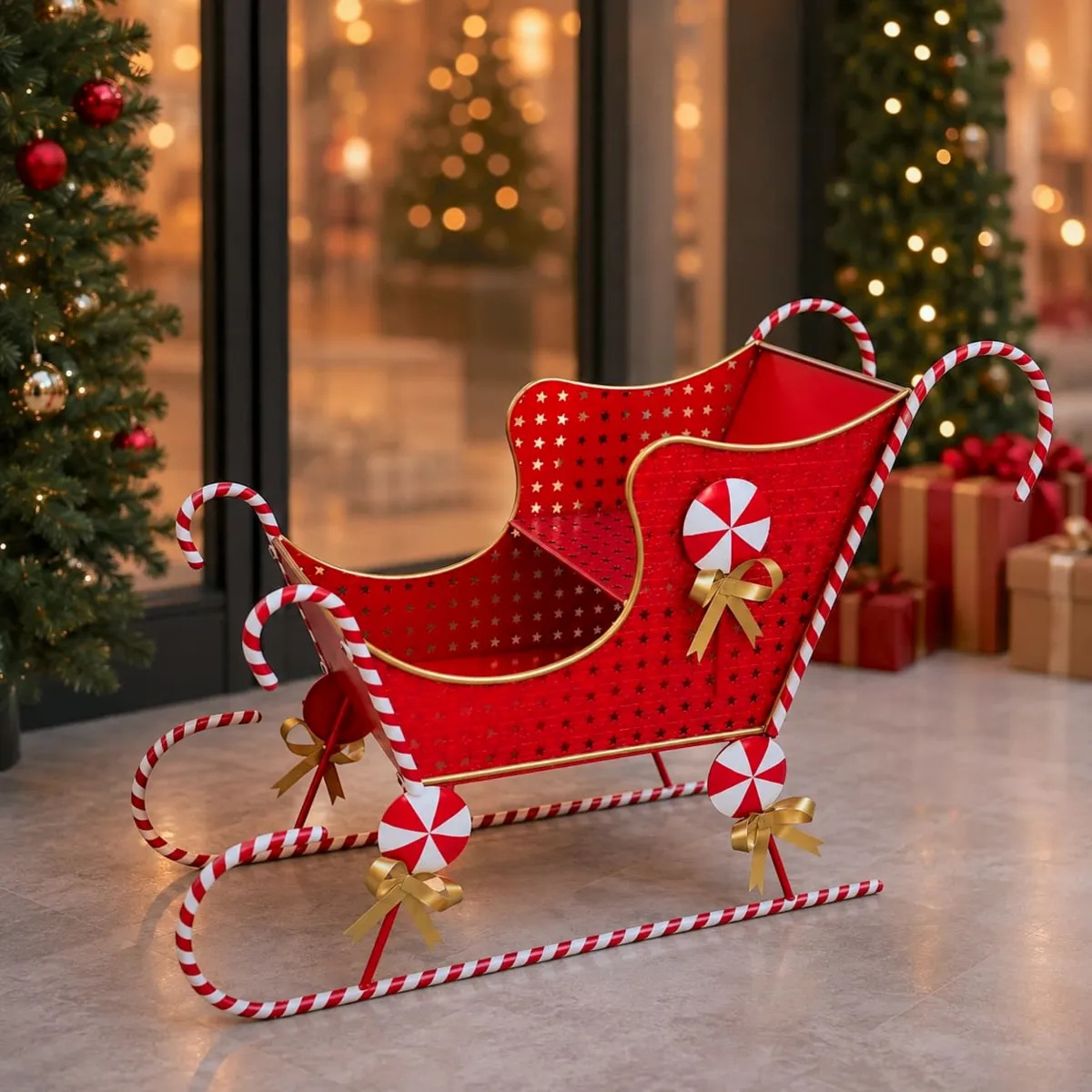 Dekorativer Weihnachtsmann-Schlitten aus Metall (H74 cm) Prestige gestreift Rot und Weiß - Für Pro-Kunden