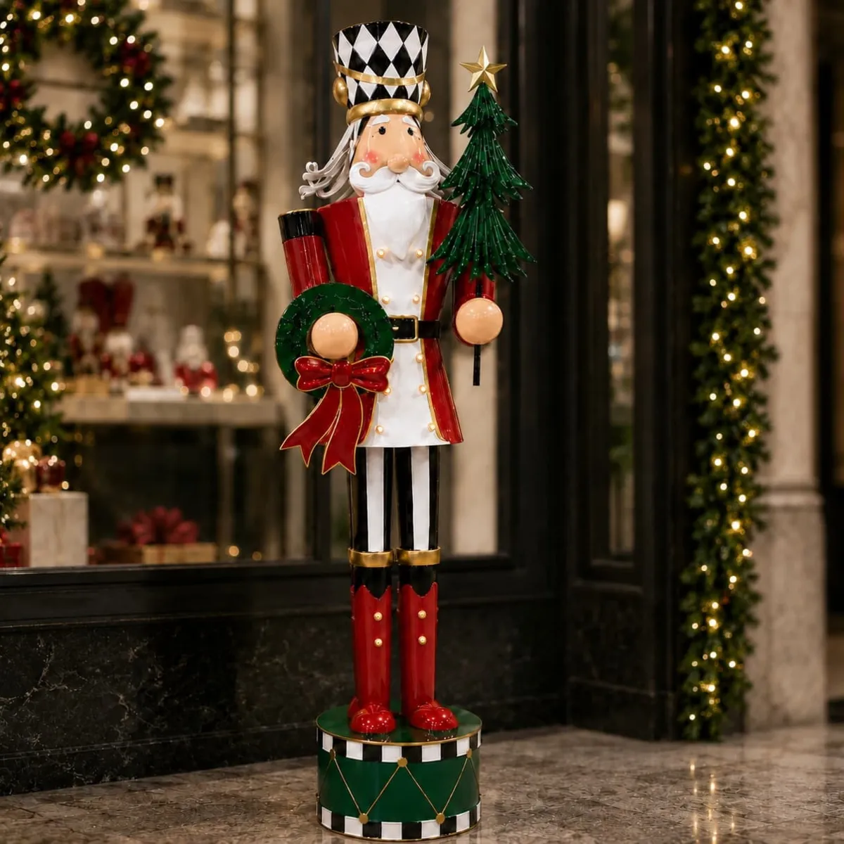 Soldato Schiaccianoci luminoso in metallo (H165 cm) Sua Maestà e cappello a scacchi