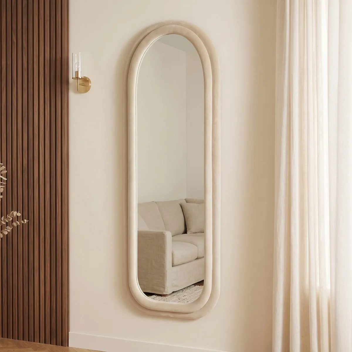 Specchio da parete rettangolare in velluto (60 x 160 cm) Altas Crema