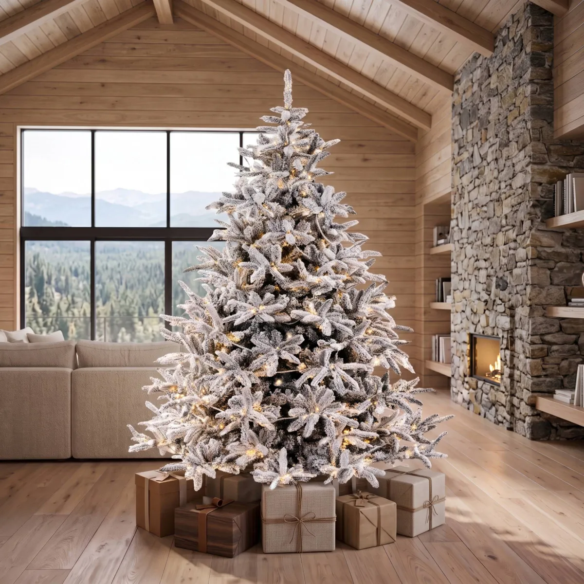 Albero di Natale artificiale luminoso 500 LED (H240 cm) Annapurna Verde innevato e bianco caldo