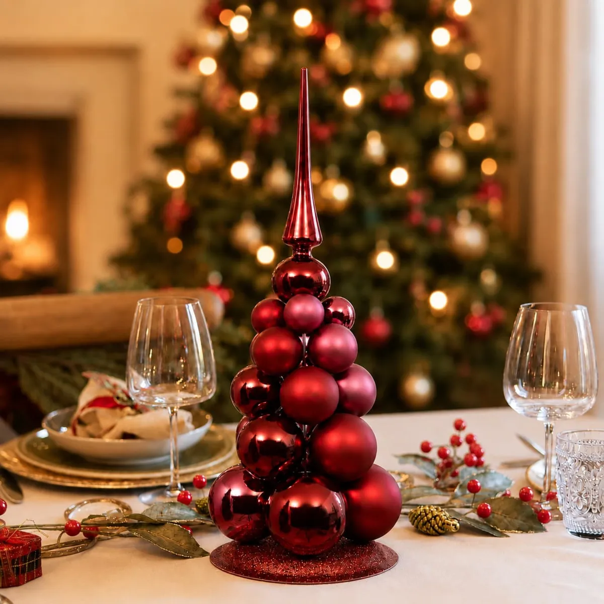 Albero da tavolo decorativo (H32 cm) Palline di Natale Bordeaux