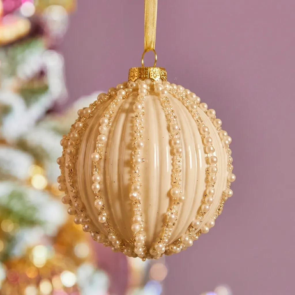 Set di 3 palline di natale in vetro (D80 mm) Effetto screpolato Perla Bianco lana