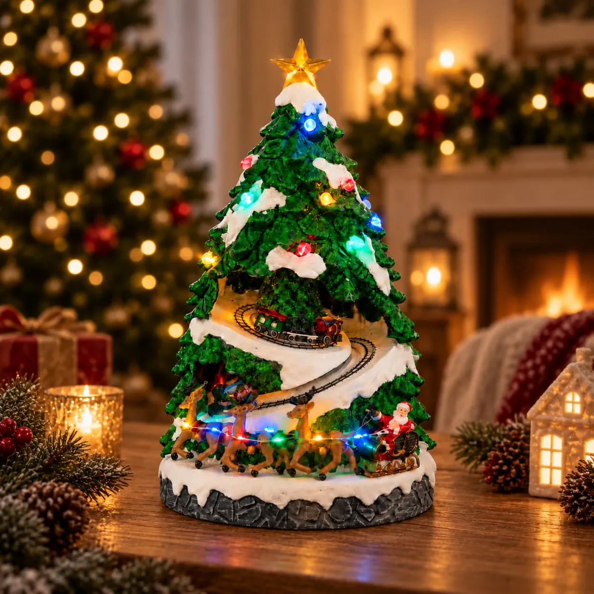 Villaggio di Natale luminoso, animato e musicale a pile (H40 cm) Albero, slitta e trenino