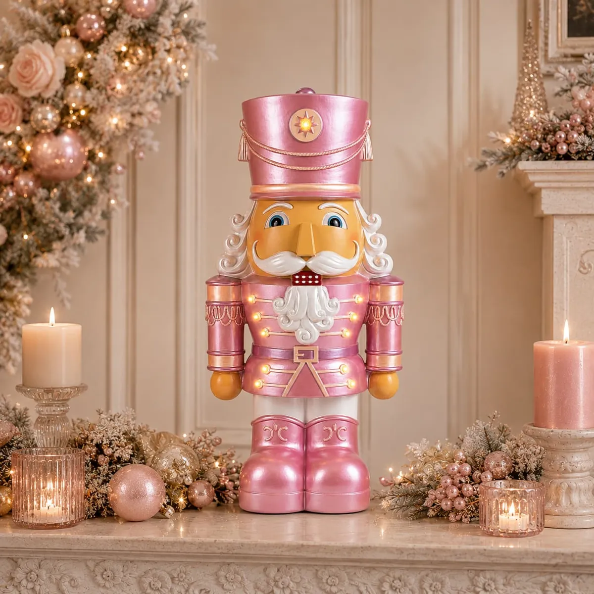 Schiaccianoci luminoso a pile 11 LED (H48 cm) Ebenezer Rosa perla