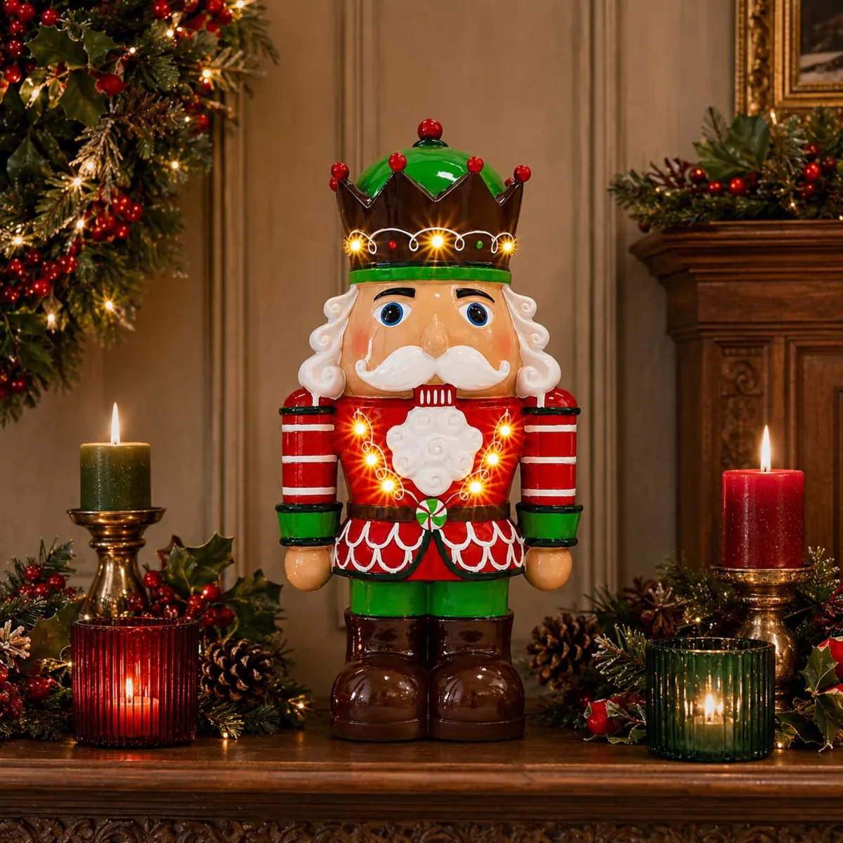 Schiaccianoci luminoso a pile 9 LED (H48 cm) Ebenezer Bordeaux e verde
