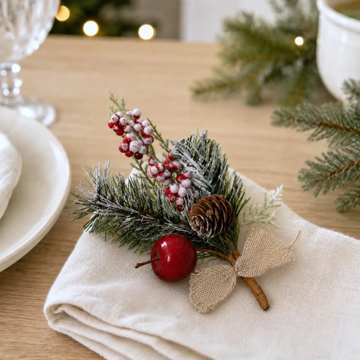 Set di 24 Rami di abete decorati (H20 cm) Fiocco di juta Innevato