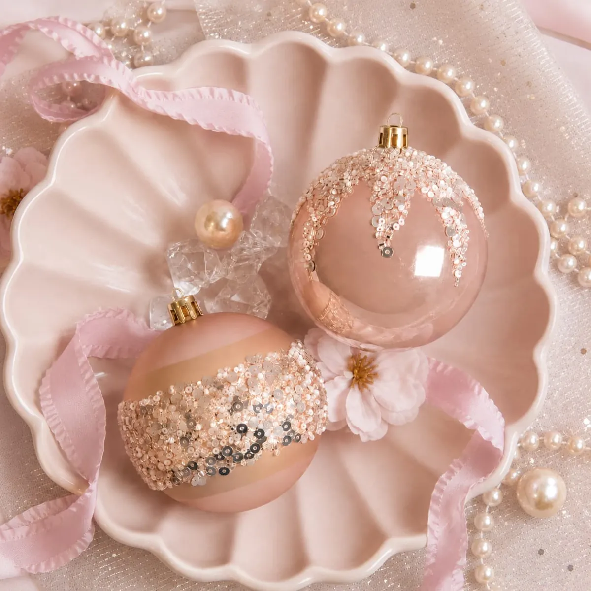 Set di 12 Palline di Natale (D80 mm) con Paillettes Argento Rosa