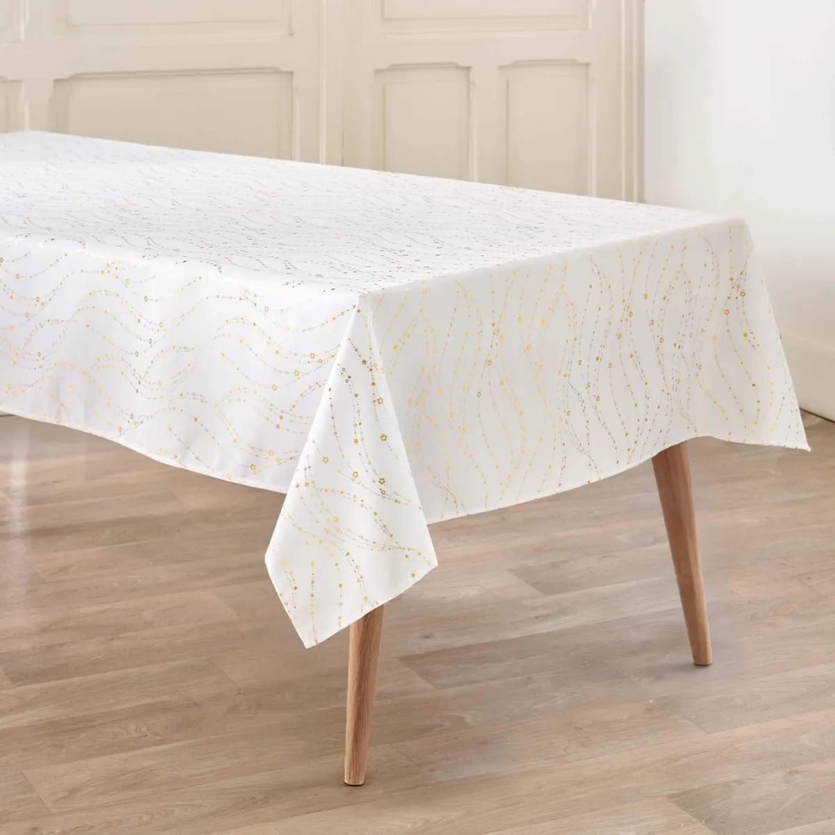 Tovaglia rettangolare effetto anti macchia per Natale (150 x 300 cm) Lumia Bianco e oro