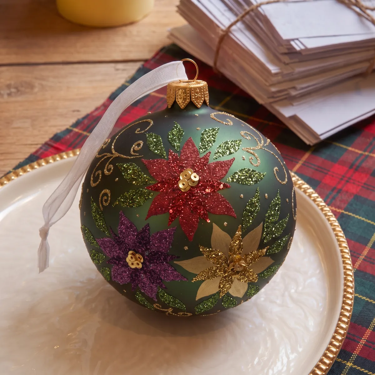 Set di 6 palline di natale in vetro (D80 mm) Poinsettia glitterata Verde abete